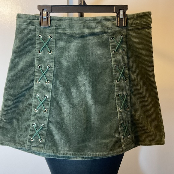 Newbury Kustom Dresses & Skirts - 18. Newbury Kustom Green Corduroy Skirt with Lace-Up Detail Y2K Size Medium
